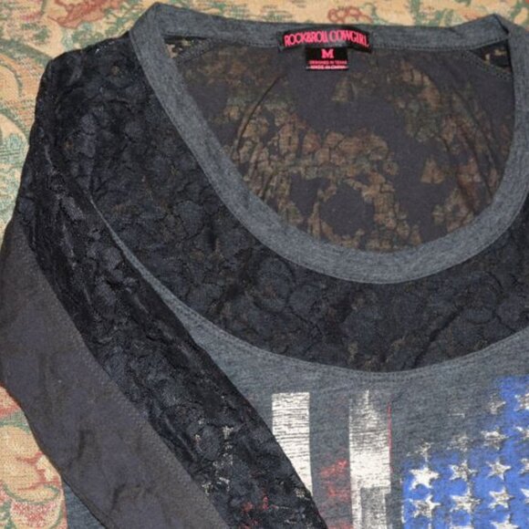 Rock & Roll Cowgirl Black lacy Stars and Stripes Medium Top - Picture 3 of 6